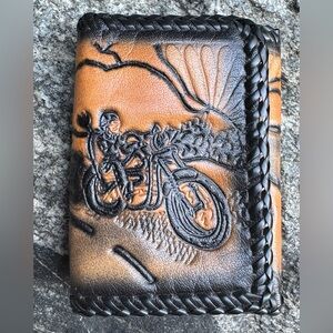 Hand Crafted Leather Motorcycle Wallet - Black and Tan